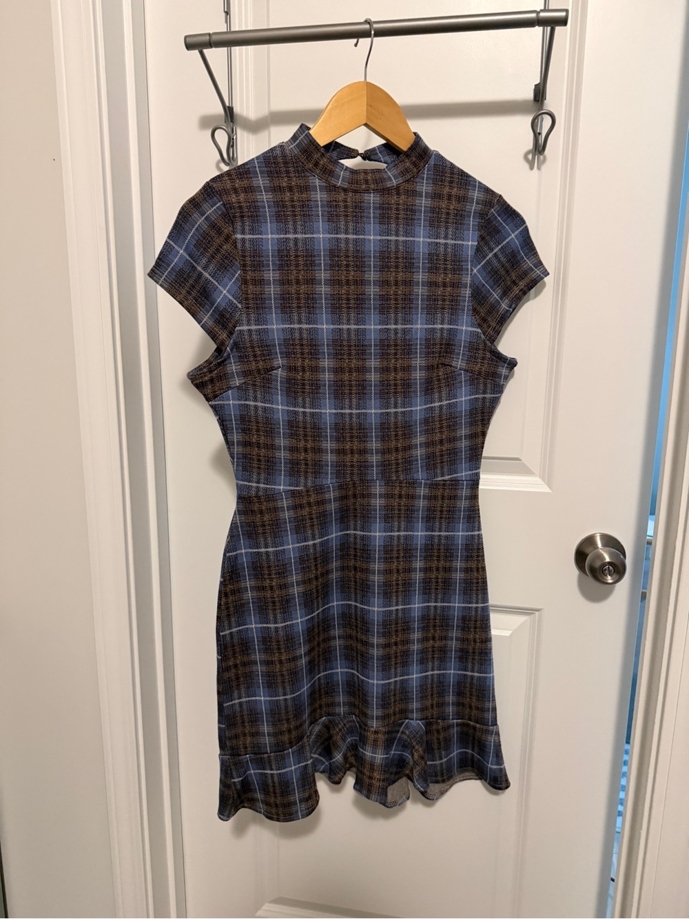 Urban Outfitters Blue and Brown Plaid Mock-Neck Mini Dress